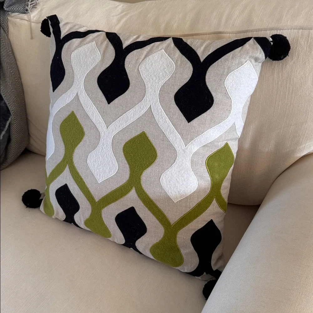 Nikki Chu Ophelia Green Ivory Graphic Poly Throw Pillow 22 inch 100% Linen